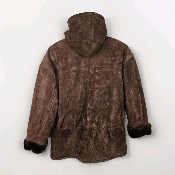 Vintage Synergy Oversized Leather Faux Shearling Coat Large Chocolate Brown - Picture 4 of 13